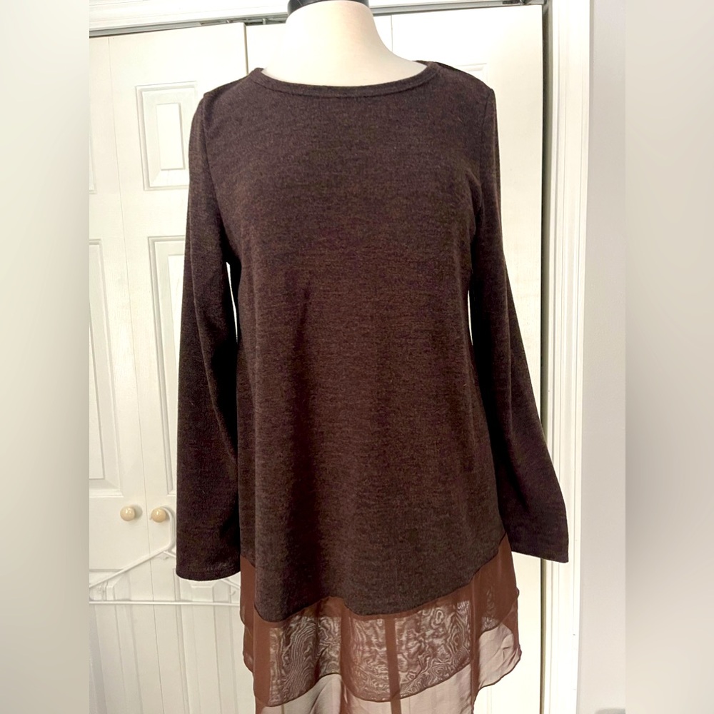 Beautiful deep brown sweater tunic with chiffon bottom. Size Large